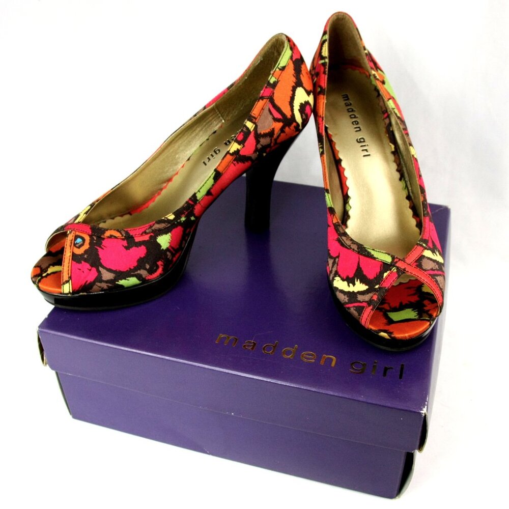 Madden Girl Lorainee Colorful Satin Open Toe Platform Heels Pumps 7 w Box 1970s